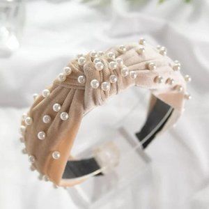 Beige velvet pearl knot turban headband